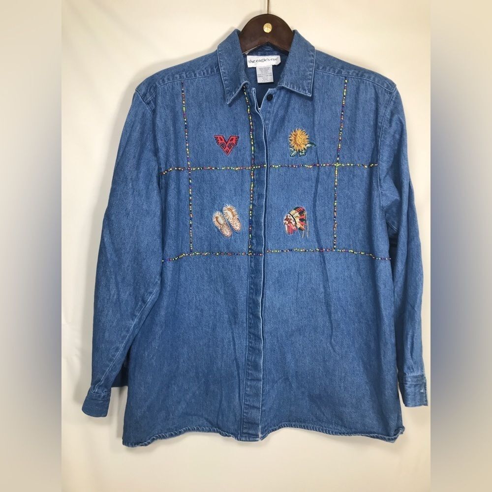 Eagle's Eye Womens SZ L 14-16 LS Denim Shirt Native American Beads & Embroidery